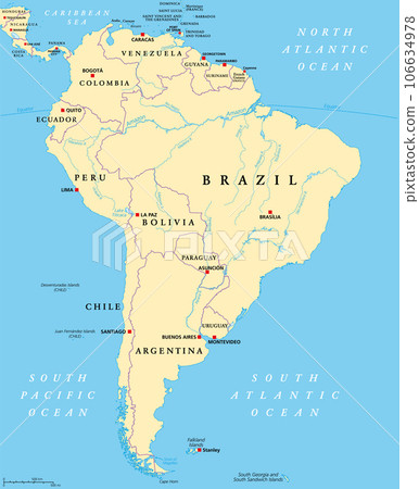 South America, political map with borders, capitals and the largest rivers. A continent, bordered by the Pacific and the Atlantic Ocean, by North America and the Caribbean Sea. Illustration. Vector. South America, political map with borders, capitals and the largest rivers. A continent, bordered by the Pacific and the Atlantic Ocean, by North America and the Caribbean Sea. Illustration. Vector. 106634978
