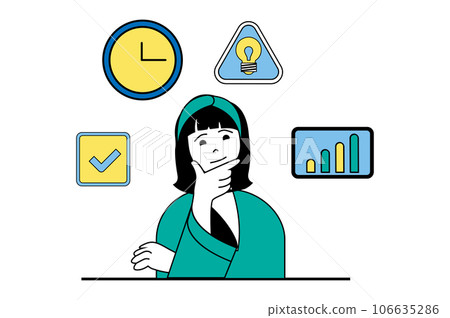 Productivity workplace concept with people scene in flat web design. Woman brainstorming, using effective multitasking, analyzing data. Vector illustration for social media banner, marketing material. Productivity workplace concept with people scene in flat web design. Woman brainstorming, using effective multitasking, analyzing data. Vector illustration for social media banner, marketing material. 106635286