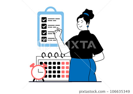 Productivity workplace concept with people scene in flat web design. Woman manages time with schedule checklist, planning at calendar. Vector illustration for social media banner, marketing material. Productivity workplace concept with people scene in flat web design. Woman manages time with schedule checklist, planning at calendar. Vector illustration for social media banner, marketing material. 106635349