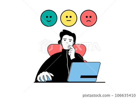 Online survey concept with people scene in flat web design. Man leaving feedback and choosing between positive and negative emoticon. Vector illustration for social media banner, marketing material. Online survey concept with people scene in flat web design. Man leaving feedback and choosing between positive and negative emoticon. Vector illustration for social media banner, marketing material. 106635410