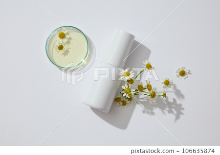 A white cosmetic bottle without label decorated with fresh flowers and petri dish containing essence of chamomilla on a white background. Minimal scene for advertising and branding cosmetic A white cosmetic bottle without label decorated with fresh flowers and petri dish containing essence of chamomilla on a white background. Minimal scene for advertising and branding cosmetic 106635874