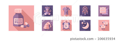 Sleep Time Flat Icons and Object in Square Shape Vector Set Sleep Time Flat Icons and Object in Square Shape Vector Set 106635934