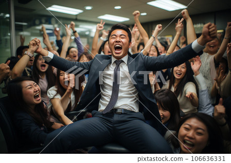 "AI-generated image" of a Japanese businessperson's moment when he is intoxicated with joy overflowing from his whole body 106636331