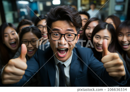"AI-generated image" of a Japanese businessperson's moment when he is intoxicated with joy overflowing from his whole body 106636334