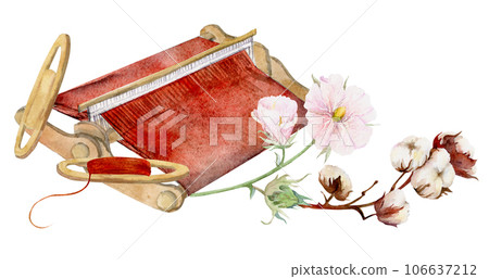 Hand drawn watercolor weaving loom, shuttle, cotton flowers for hobby, handcraft. Natural plant. Illustration isolated object composition on white background. Shop logo print, website, card, booklet. Hand drawn watercolor weaving loom, shuttle, cotton flowers for hobby, handcraft. Natural plant. Illustration isolated object composition on white background. Shop logo print, website, card, booklet. 106637212