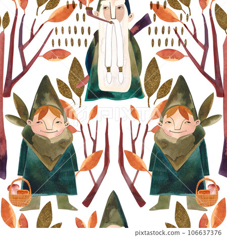 Watercolor seamless patern with autumn gnomes . Seasonal wrapping paper. Fall. Raster illustration for packaging, wallapers, wrapping paper, textile. White background 106637376