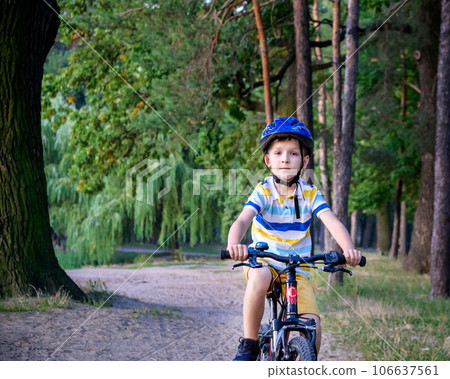 Portrait of happy toddler child boy riding on bike with helmet. He rides from a small hill, through a sandy forest path. Sport concept 106637561