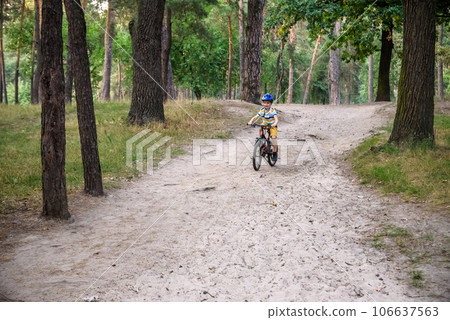 Cyclist Riding down the sandy Hill on the Offroad Trail 106637563