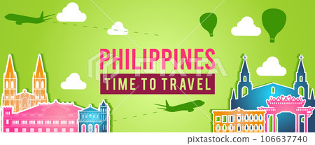 green banner of phillipines famous  silhouette colorful style,plane and balloon fly around with cloud 106637740