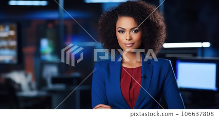 Serious African American female TV presenter tells breaking news. Serious African American female TV presenter tells breaking news. 106637808