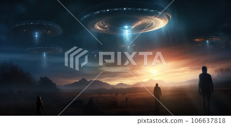 Night photo of UFO - alien spaceship at night. Night photo of UFO - alien spaceship at night. 106637818