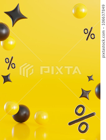 Vertical yellow background with discount signs and 3D shapes. Empty, copy space for promotion text. Percent symbols. Sale, special offer, good price, deal, shopping. Sale off. Black Friday. 3D render. 106637849