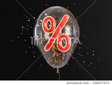 Transparent balloon with red discount sign inside and confetti on black background. Percent symbol. Sale, special offer, good price, deal, shopping. Sale off promotion. Percentage. Black Friday. 3D. Transparent balloon with red discount sign inside and confetti on black background. Percent symbol. Sale, special offer, good price, deal, shopping. Sale off promotion. Percentage. Black Friday. 3D. 106637873