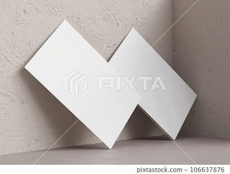 Blank white business cards on beige background. Modern mock up for branding identity. Two cards to show both sides. Template for graphic designers. Empty, copy space. Visiting card. 3D rendering. Blank white business cards on beige background. Modern mock up for branding identity. Two cards to show both sides. Template for graphic designers. Empty, copy space. Visiting card. 3D rendering. 106637876