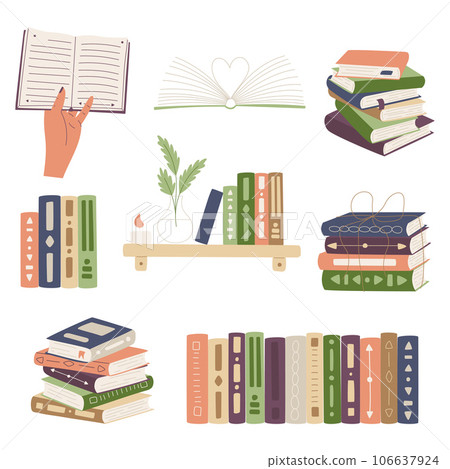 Set with books. A hand holds a book, stack of books, books on a shelf, open book. Symbol of education, study, science, reading, learning. Simple flat cartoon illustration isolated on white background 106637924