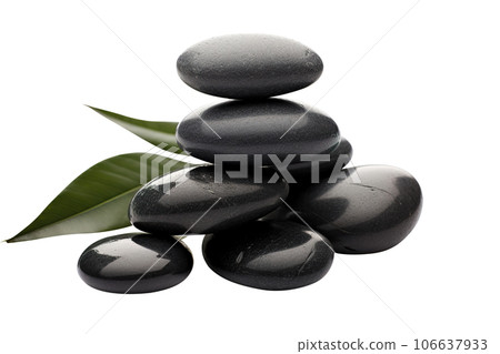 Beautiful and photorealistic spa stones, isolated on white background. Black hot stone. Close-up view. Cut out elements. Generative AI. 106637933