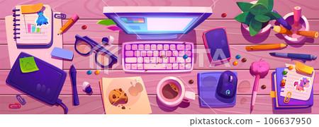 Messy workplace top view 106637950