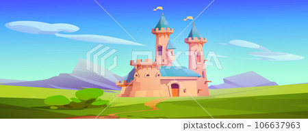 Fairytale medieval royal castle on meadow. Fairytale medieval royal castle on meadow. 106637963