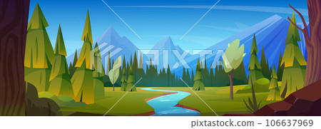 Summer landscape with mountains, forest and river. Summer landscape with mountains, forest and river. 106637969