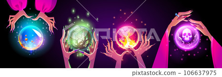 Magic crystal fortune ball float in woman hand 106637975
