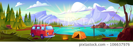 Forest lake and mountain nature with camp tent 106637976
