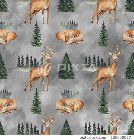 Watercolor seamless pattern with deers and trees for print, postcard, greeting card, textile, wrapping 106638087