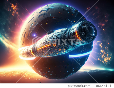 Glowing spaceship orbits sphere in deep space. Generative AI Glowing spaceship orbits sphere in deep space. Generative AI 106638121