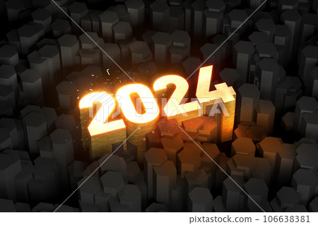 2024 glowing golden digits happy new year card with sparks and black color maze background design. 3d render 106638381