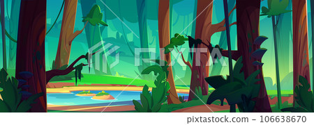 Forest nature with lake and tree landscape vector 106638670