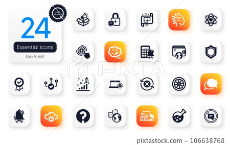 Set of Technology flat icons. Architectural plan, Reject refresh and Megaphone box elements for web application. Cloud computing, Chemistry lab, Yummy smile icons. Lock, Calculator alarm. Vector 106638768