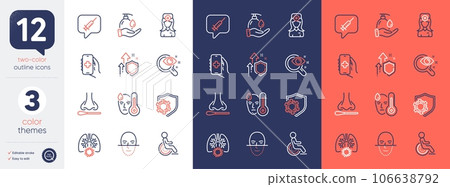 Set of Nasal test, Vision test and Coronavirus lungs line icons. Include Health app, Oculist doctor, Vaccine message icons. Coronavirus, Improving safety, Wash hands web elements. Vector 106638792