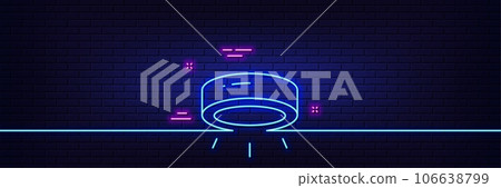 Neon light glow effect. Led lamp line icon. Spotlight light sign. Interior illuminate symbol. 3d line neon glow icon. Brick wall banner. Led lamp outline. Vector 106638799