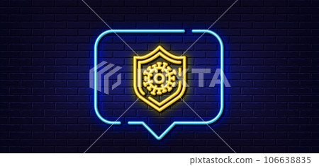 Neon light speech bubble. Coronavirus protection line icon. Covid-19 pandemic virus sign. Corona virus symbol. Neon light background. Coronavirus protection glow line. Brick wall banner. Vector Neon light speech bubble. Coronavirus protection line icon. Covid-19 pandemic virus sign. Corona virus symbol. Neon light background. Coronavirus protection glow line. Brick wall banner. Vector 106638835