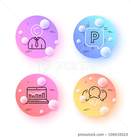 Copyrighter, Web analytics and Ice creams minimal line icons. 3d spheres or balls buttons. Parking icons. For web, application, printing. Writer person, Statistics, Vanilla waffle. Auto park. Vector Copyrighter, Web analytics and Ice creams minimal line icons. 3d spheres or balls buttons. Parking icons. For web, application, printing. Writer person, Statistics, Vanilla waffle. Auto park. Vector 106638928