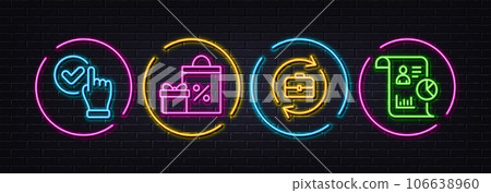 Shopping, Checkbox and Human resources minimal line icons. Neon laser 3d lights. Report icons. For web, application, printing. Gifts and sales, Confirmed, Job recruitment. Work statistics. Vector 106638960