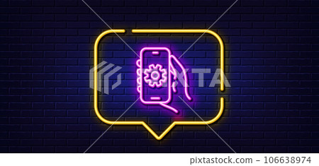 Neon light speech bubble. App settings line icon. Hand hold phone sign. Cellphone with screen notification symbol. Neon light background. App settings glow line. Brick wall banner. Vector 106638974