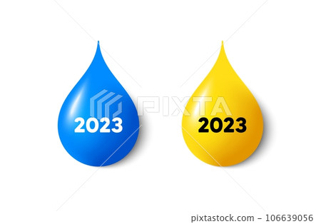 Paint drop 3d icons. 2023 year icon. Event schedule annual date. 2022 annum planner. Yellow oil drop, watercolor blue blob. 2023 year promotion. Vector 106639056