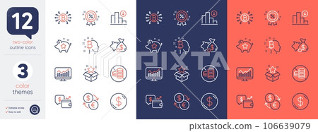 Set of Dollar money, No cash and Piggy bank line icons. Include Statistics, Bitcoin think, Decreasing graph icons. Bitcoin system, Currency exchange, Loyalty points web elements. Vector 106639079