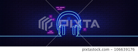 Neon light glow effect. Headphones line icon. Music listen sign. Musical earphones symbol. 3d line neon glow icon. Brick wall banner. Headphones outline. Vector Neon light glow effect. Headphones line icon. Music listen sign. Musical earphones symbol. 3d line neon glow icon. Brick wall banner. Headphones outline. Vector 106639176