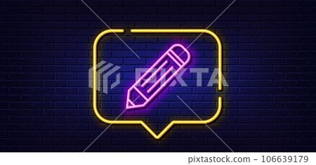 Neon light speech bubble. Pencil line icon. Edit sign. Drawing or Writing equipment symbol. Neon light background. Pencil glow line. Brick wall banner. Vector Neon light speech bubble. Pencil line icon. Edit sign. Drawing or Writing equipment symbol. Neon light background. Pencil glow line. Brick wall banner. Vector 106639179