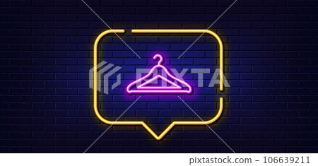 Neon light speech bubble. Cloakroom line icon. Hanger wardrobe sign. Clothes service symbol. Neon light background. Cloakroom glow line. Brick wall banner. Vector Neon light speech bubble. Cloakroom line icon. Hanger wardrobe sign. Clothes service symbol. Neon light background. Cloakroom glow line. Brick wall banner. Vector 106639211