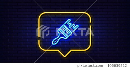 Neon light speech bubble. Paint brush line icon. Wall paintbrush sign. Creative drawing art symbol. Neon light background. Brush glow line. Brick wall banner. Vector Neon light speech bubble. Paint brush line icon. Wall paintbrush sign. Creative drawing art symbol. Neon light background. Brush glow line. Brick wall banner. Vector 106639212