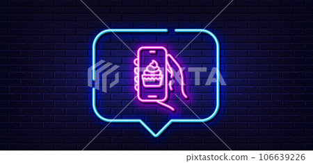 Neon light speech bubble. Food app line icon. Hand hold phone sign. Cellphone with screen notification symbol. Neon light background. Food app glow line. Brick wall banner. Vector Neon light speech bubble. Food app line icon. Hand hold phone sign. Cellphone with screen notification symbol. Neon light background. Food app glow line. Brick wall banner. Vector 106639226