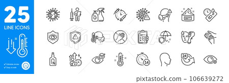 Outline icons set. Skin cream, Dont touch and Cleaning liquids icons. Coronavirus, Thermometer, Covid virus web elements. Alcohol free, Covid test, Medical mask signs. Eye protection. Vector Outline icons set. Skin cream, Dont touch and Cleaning liquids icons. Coronavirus, Thermometer, Covid virus web elements. Alcohol free, Covid test, Medical mask signs. Eye protection. Vector 106639272