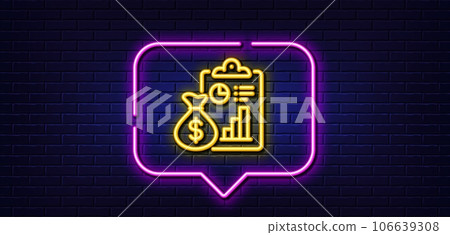 Neon light speech bubble. Report line icon. Accounting clipboard document sign. Budget info symbol. Neon light background. Report glow line. Brick wall banner. Vector 106639308