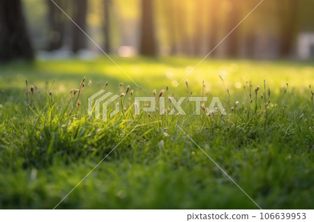 Neatly trimmed lawn on blurred spring background. Ground level view. Generative AI Neatly trimmed lawn on blurred spring background. Ground level view. Generative AI 106639953