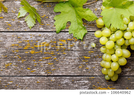 Grape with vine leaves on wooden table 106640962