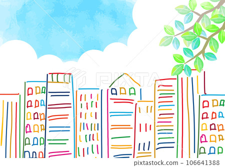 SDGs 17-color cityscape line drawing, trees and blue sky SDGs 17-color cityscape line drawing, trees and blue sky 106641388