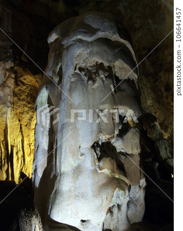 Underground. Beautiful view of stalactites and stalagmites in an underground cave. Speleology, the concept of active recreation, extreme travel. Underground. Beautiful view of stalactites and stalagmites in an underground cave. Speleology, the concept of active recreation, extreme travel. 106641457