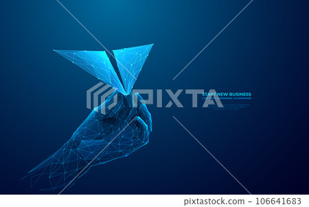 Close-up hand holding paper airplane on technology blue background. 106641683